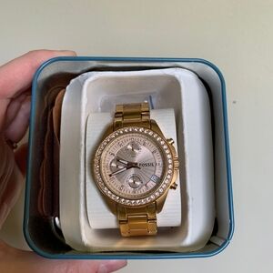 Fossil Gold Watch with Metal Link Bracelet and Embellished Bezel